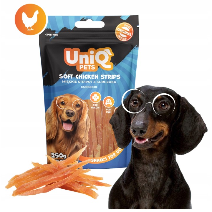 Przysmaki dla psa miękkie paski z kurczaka 250g Uniq Pets