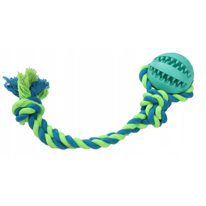 UNIQ PETS zabawka dla psa gumowa piłka dental na sznurku z supłami o zapachu mięty 30cm