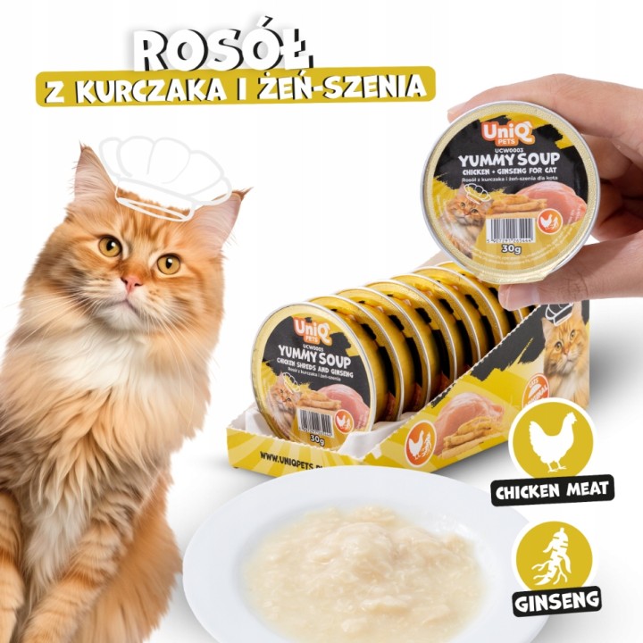 Mokra karma dla kota z kurczakiem Uniq Pets 30g x 8szt | Rosół z kurczaka i żeń-szenia