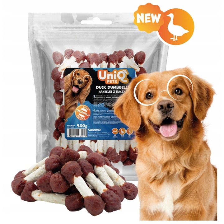 UNIQ PETS PRZYSMAKI DLA PSA RAWHIDE 500g hantelki z kaczką