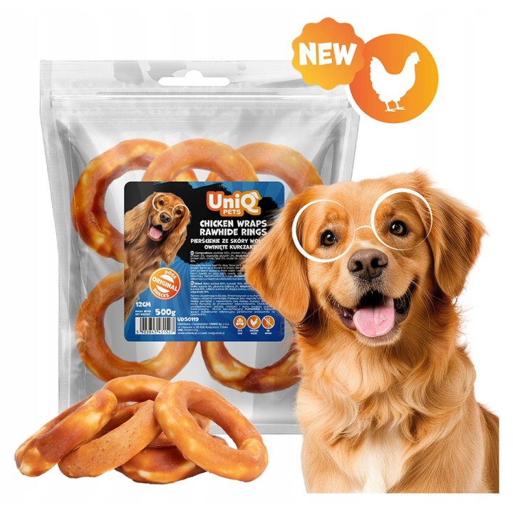 UNIQ PETS PRZYSMAKI DLA PSA RAWHIDE 500g pierścienie ze skóry wołowej owinięte kurczakiem 12 cm