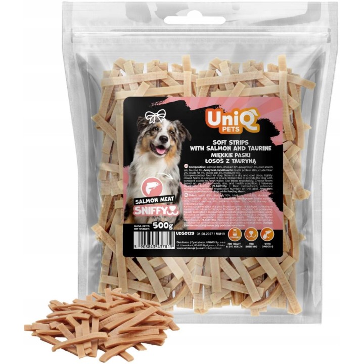 UNIQ PETS PRZYSMAKI DLA PSA SNIFFY 500g miękkie paski łosoś z tauryną