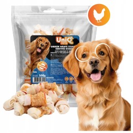 UNIQ PETS SNACKS PARA PERROS RAWHIDE 500g Wraps de pollo con huesos de cuero crudo anudados de 7 cm