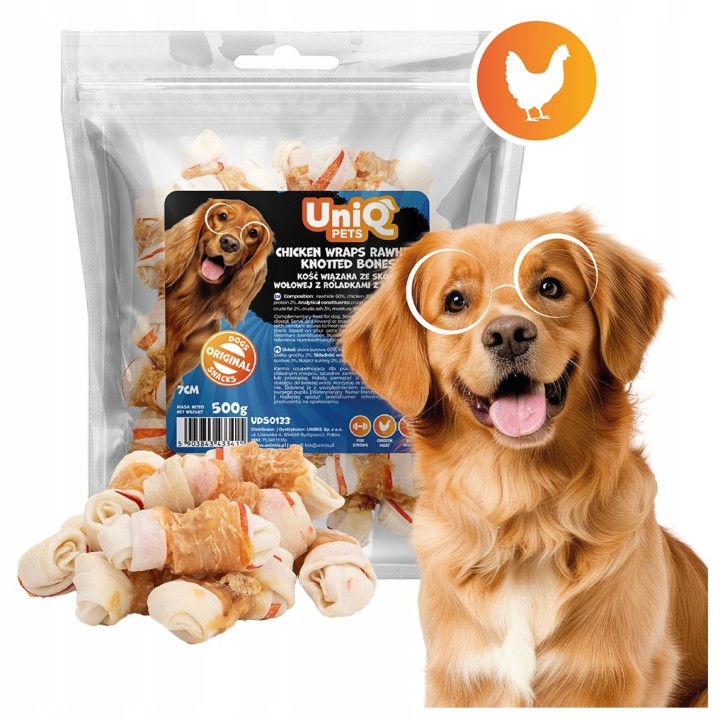 UNIQ PETS SNACKS PARA PERROS RAWHIDE 500g Wraps de pollo con huesos de cuero crudo anudados de 7 cm