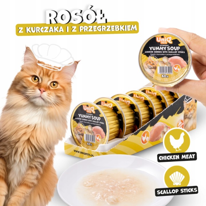 UNIQ PETS Karma morka dla kota rosół z kawałkami kurczaka i paluszkami z przegrzebków 60g x 6szt YUMMY SOUP