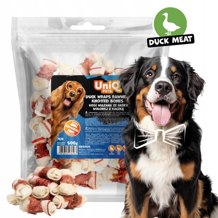 UNIQ PETS PRZYSMAKI DLA PSA RAWHIDE 500g kość wiązana ze skóry wołowej z kaczką 7 cm