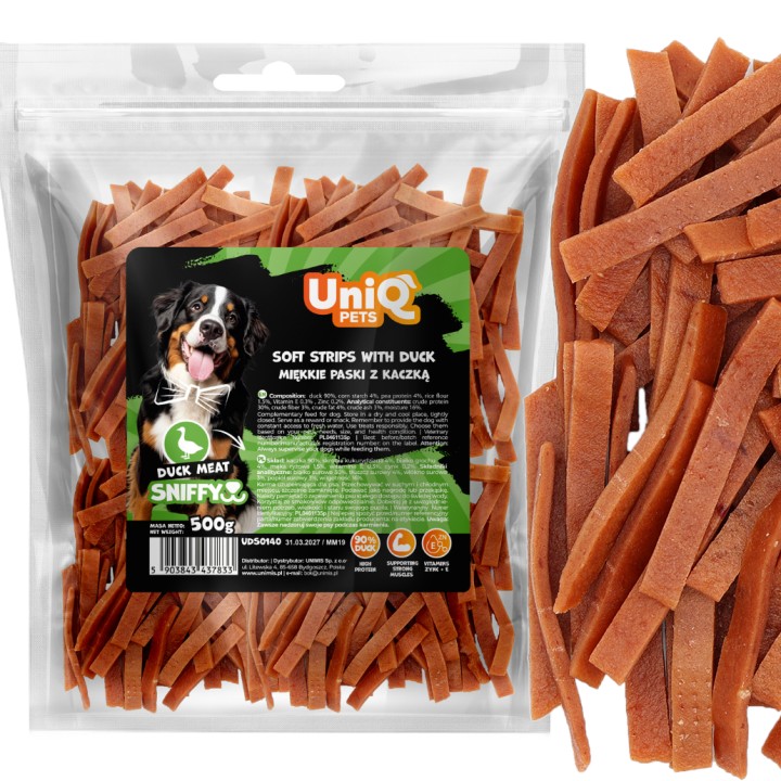 Przysmaki dla psa miękkie paski z kaczką 500g Uniq Pets