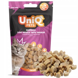 UNIQ PETS przysmaki dla kota hairball miękkie serca z kurczakem 50g