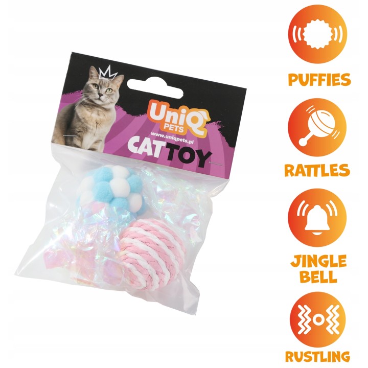 UNIQ PETS ZABAWKA DLA KOTA PUFFIES zestaw 4 piłek pluszowych, sznurkowych i szeleszczących