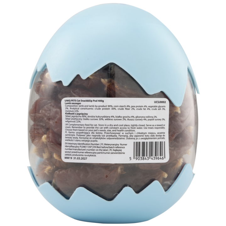 UNIQ PETS CAT SNACK&SIP SNIFFY 400g pod kiełbaski z jagnięciny