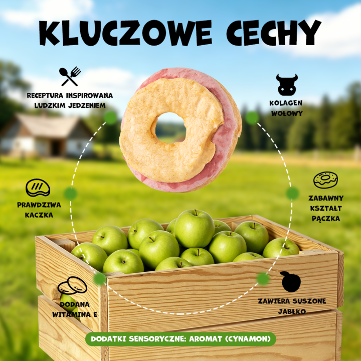 UNIQ PETS PRZYSMAKI DLA PSA COLLAGEN & FRUIT 30g x 10 szt. - donut kolagenowy z kaczką i suszonym jabłkiem, 7 cm