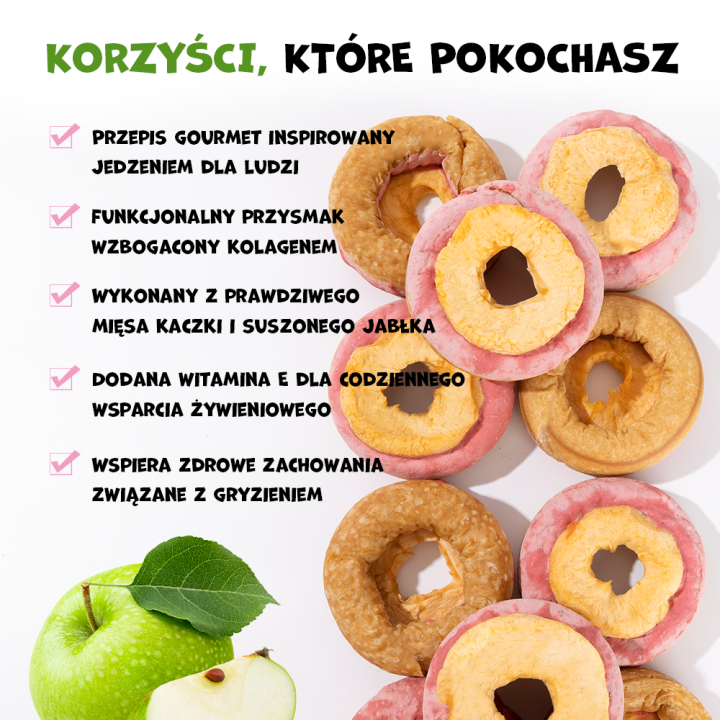 UNIQ PETS PRZYSMAKI DLA PSA COLLAGEN & FRUIT 30g x 10 szt. - donut kolagenowy z kaczką i suszonym jabłkiem, 7 cm