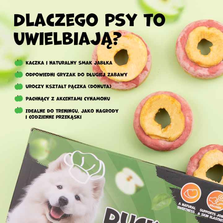 UNIQ PETS PRZYSMAKI DLA PSA COLLAGEN & FRUIT 30g x 10 szt. - donut kolagenowy z kaczką i suszonym jabłkiem, 7 cm