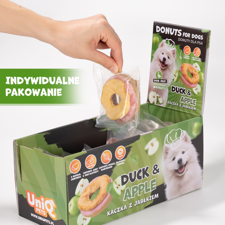 UNIQ PETS PRZYSMAKI DLA PSA COLLAGEN & FRUIT 30g x 10 szt. - donut kolagenowy z kaczką i suszonym jabłkiem, 7 cm