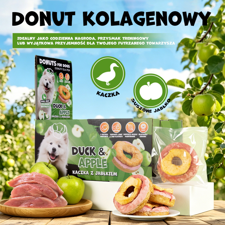 UNIQ PETS PRZYSMAKI DLA PSA COLLAGEN & FRUIT 30g x 10 szt. - donut kolagenowy z kaczką i suszonym jabłkiem, 7 cm