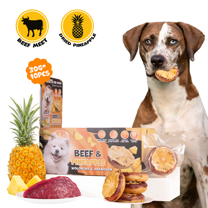 UNIQ PETS PRZYSMAKI DLA PSA COLLAGEN & FRUIT 30g x 10 szt. - donut kolagenowy z wołowiną i suszonym ananasem, 7 cm