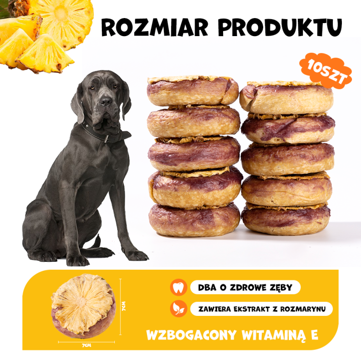 UNIQ PETS PRZYSMAKI DLA PSA COLLAGEN & FRUIT 30g x 10 szt. - donut kolagenowy z wołowiną i suszonym ananasem, 7 cm