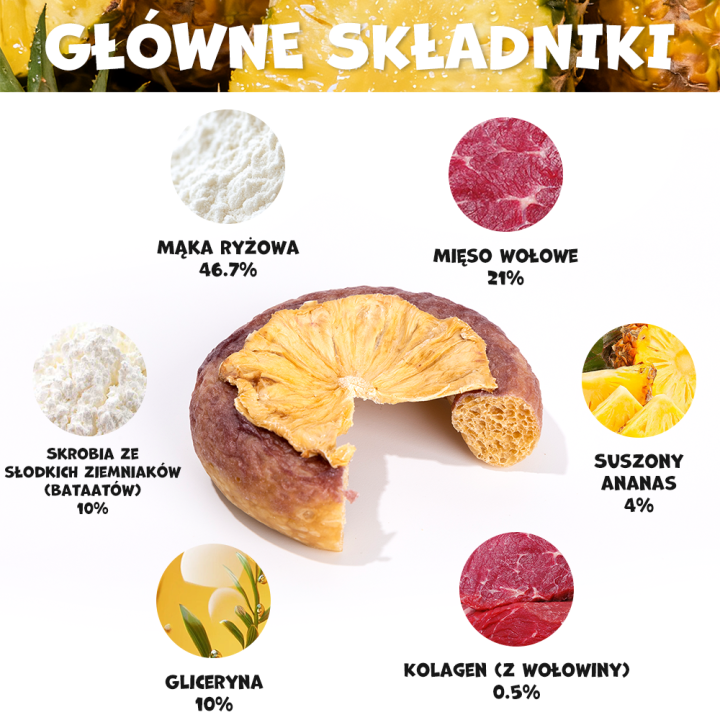 UNIQ PETS PRZYSMAKI DLA PSA COLLAGEN & FRUIT 30g x 10 szt. - donut kolagenowy z wołowiną i suszonym ananasem, 7 cm