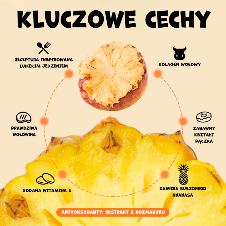 UNIQ PETS PRZYSMAKI DLA PSA COLLAGEN & FRUIT 30g x 10 szt. - donut kolagenowy z wołowiną i suszonym ananasem, 7 cm
