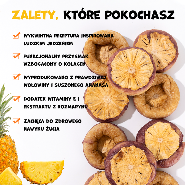 UNIQ PETS PRZYSMAKI DLA PSA COLLAGEN & FRUIT 30g x 10 szt. - donut kolagenowy z wołowiną i suszonym ananasem, 7 cm