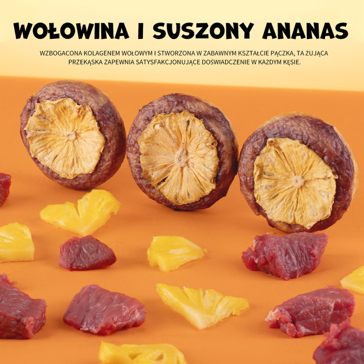 UNIQ PETS PRZYSMAKI DLA PSA COLLAGEN & FRUIT 30g x 10 szt. - donut kolagenowy z wołowiną i suszonym ananasem, 7 cm