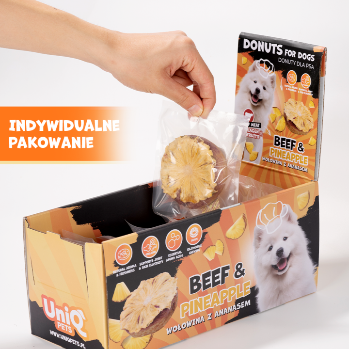 UNIQ PETS PRZYSMAKI DLA PSA COLLAGEN & FRUIT 30g x 10 szt. - donut kolagenowy z wołowiną i suszonym ananasem, 7 cm