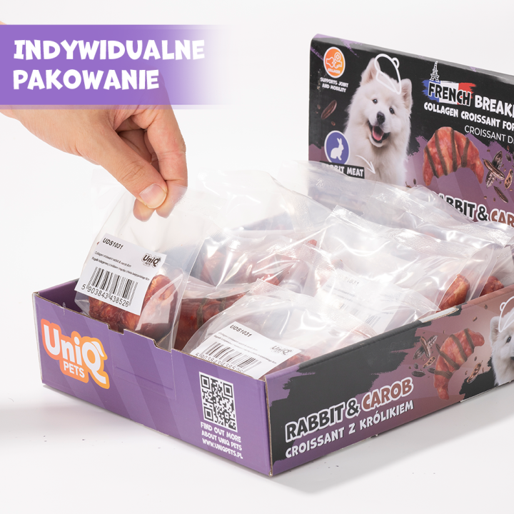 UNIQ PETS PRZYSMAKI DLA PSA COLLAGEN&FRENCH BREAKFAST 40g x 10 szt rogalik kolagenowy z królikiem i mączką z chleba świętojański