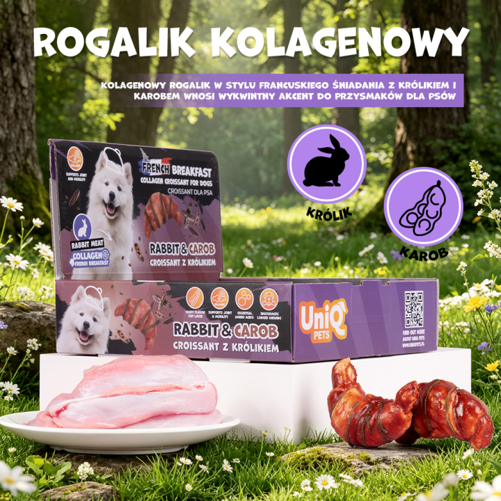 UNIQ PETS PRZYSMAKI DLA PSA COLLAGEN&FRENCH BREAKFAST 40g x 10 szt rogalik kolagenowy z królikiem i mączką z chleba świętojański