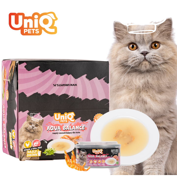 UNIQ PETS KARMA MOKRA DLA KOTA DAILY DRINK AQUA BALANCE NAPÓJ NAWADNIAJĄCYszarpany kurczak, kryl i lucerna, 85 ml x 8 szt., pusz