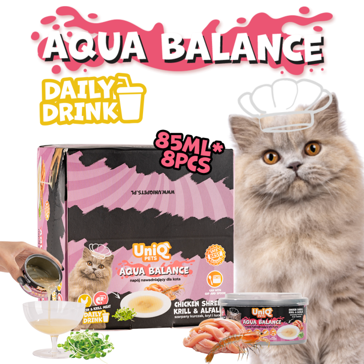 UNIQ PETS KARMA MOKRA DLA KOTA DAILY DRINK AQUA BALANCE NAPÓJ NAWADNIAJĄCYszarpany kurczak, kryl i lucerna, 85 ml x 8 szt., pusz