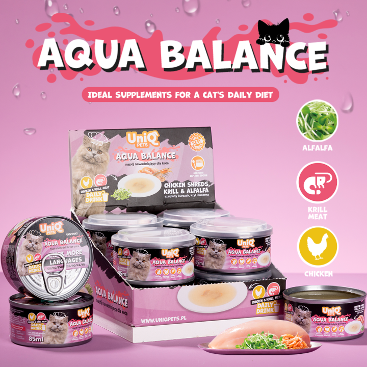 UNIQ PETS KARMA MOKRA DLA KOTA DAILY DRINK AQUA BALANCE NAPÓJ NAWADNIAJĄCYszarpany kurczak, kryl i lucerna, 85 ml x 8 szt., pusz