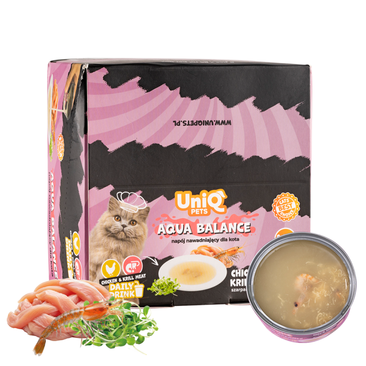 UNIQ PETS KARMA MOKRA DLA KOTA DAILY DRINK AQUA BALANCE NAPÓJ NAWADNIAJĄCYszarpany kurczak, kryl i lucerna, 85 ml x 8 szt., pusz