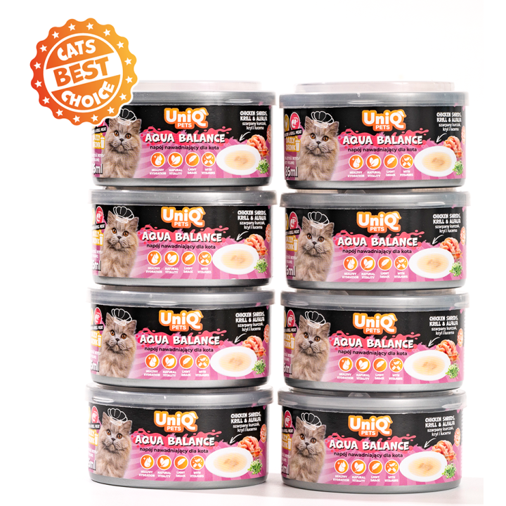 UNIQ PETS KARMA MOKRA DLA KOTA DAILY DRINK AQUA BALANCE NAPÓJ NAWADNIAJĄCYszarpany kurczak, kryl i lucerna, 85 ml x 8 szt., pusz
