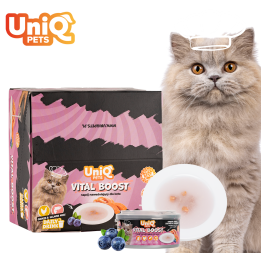 UNIQ PETS KARMA MOKRA DLA KOTA DAILY DRINK VITAL BOOST NAPÓJ NAWADNIAJĄCY szarpany kurczak, łosoś i jagoda, 85 ml x 8 szt., pusz