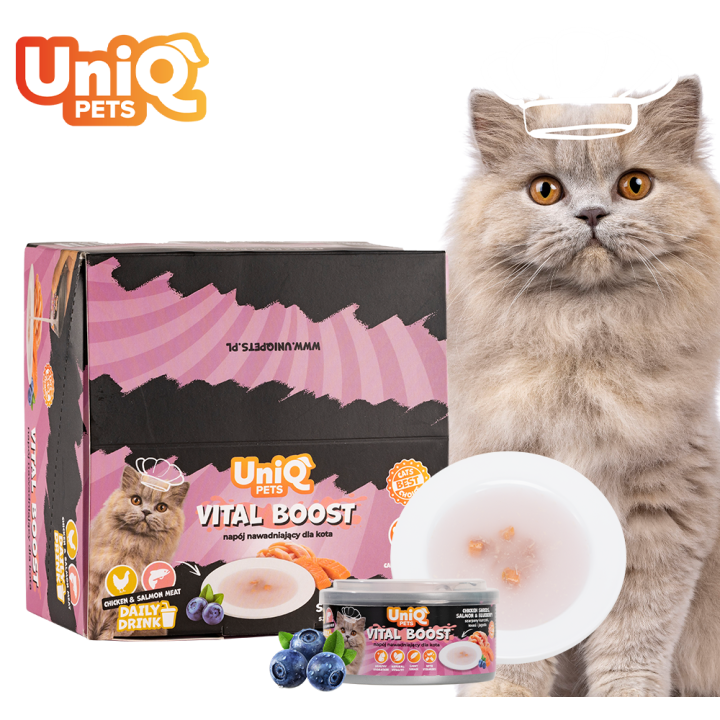 UNIQ PETS KARMA MOKRA DLA KOTA DAILY DRINK VITAL BOOST NAPÓJ NAWADNIAJĄCY szarpany kurczak, łosoś i jagoda, 85 ml x 8 szt., pusz