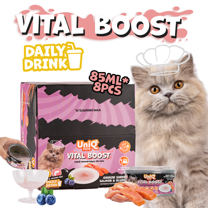 UNIQ PETS KARMA MOKRA DLA KOTA DAILY DRINK VITAL BOOST NAPÓJ NAWADNIAJĄCY szarpany kurczak, łosoś i jagoda, 85 ml x 8 szt., pusz