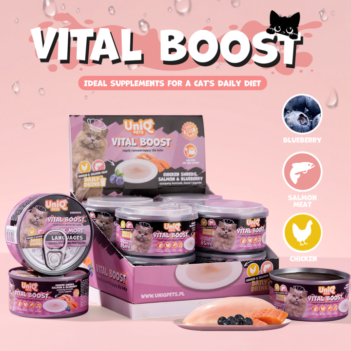 UNIQ PETS KARMA MOKRA DLA KOTA DAILY DRINK VITAL BOOST NAPÓJ NAWADNIAJĄCY szarpany kurczak, łosoś i jagoda, 85 ml x 8 szt., pusz