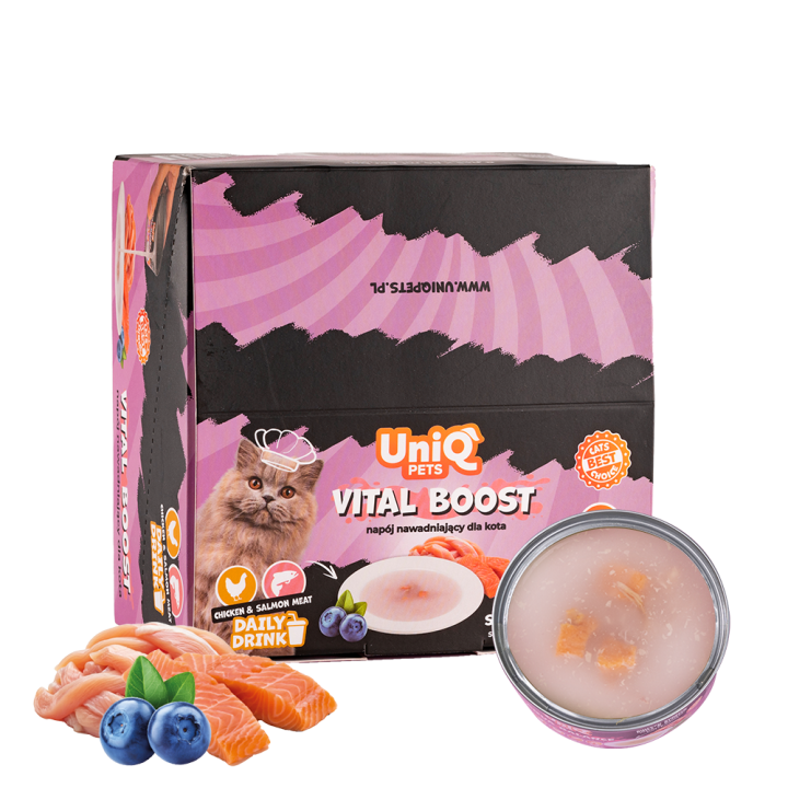 UNIQ PETS KARMA MOKRA DLA KOTA DAILY DRINK VITAL BOOST NAPÓJ NAWADNIAJĄCY szarpany kurczak, łosoś i jagoda, 85 ml x 8 szt., pusz