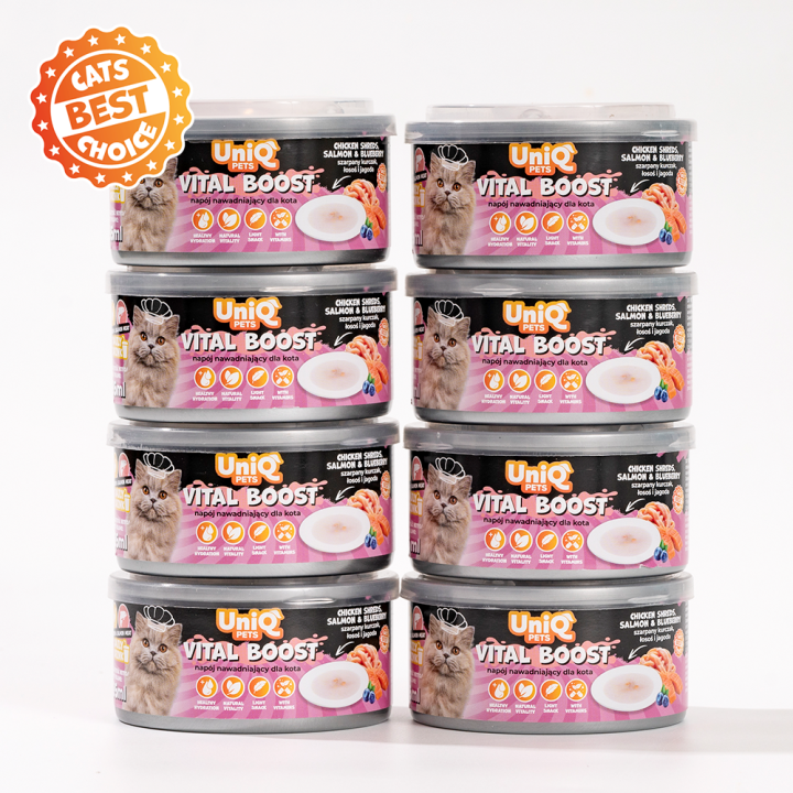 UNIQ PETS KARMA MOKRA DLA KOTA DAILY DRINK VITAL BOOST NAPÓJ NAWADNIAJĄCY szarpany kurczak, łosoś i jagoda, 85 ml x 8 szt., pusz
