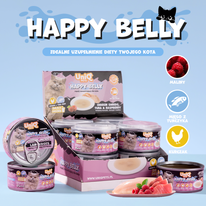 UNIQ PETS KARMA MOKRA DLA KOTA DAILY DRINK HAPPY BELLY NAPÓJ NAWADNIAJĄCY szarpany kurczak, tuńczyk i malina, 85 ml x 8 szt., pu