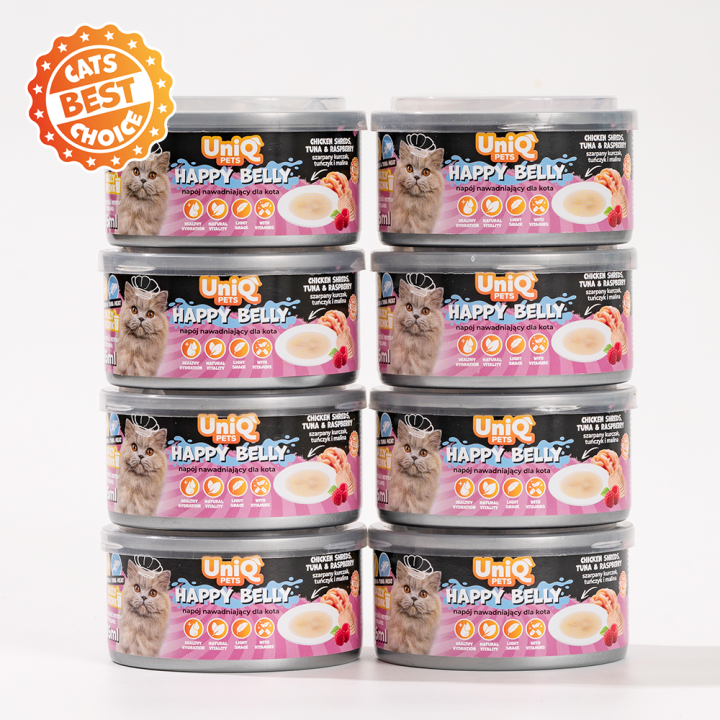 UNIQ PETS KARMA MOKRA DLA KOTA DAILY DRINK HAPPY BELLY NAPÓJ NAWADNIAJĄCY szarpany kurczak, tuńczyk i malina, 85 ml x 8 szt., pu