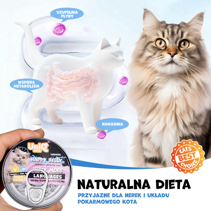 UNIQ PETS KARMA MOKRA DLA KOTA DAILY DRINK HAPPY BELLY NAPÓJ NAWADNIAJĄCY szarpany kurczak, tuńczyk i malina, 85 ml x 8 szt., pu