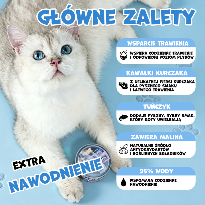 UNIQ PETS KARMA MOKRA DLA KOTA DAILY DRINK HAPPY BELLY NAPÓJ NAWADNIAJĄCY szarpany kurczak, tuńczyk i malina, 85 ml x 8 szt., pu