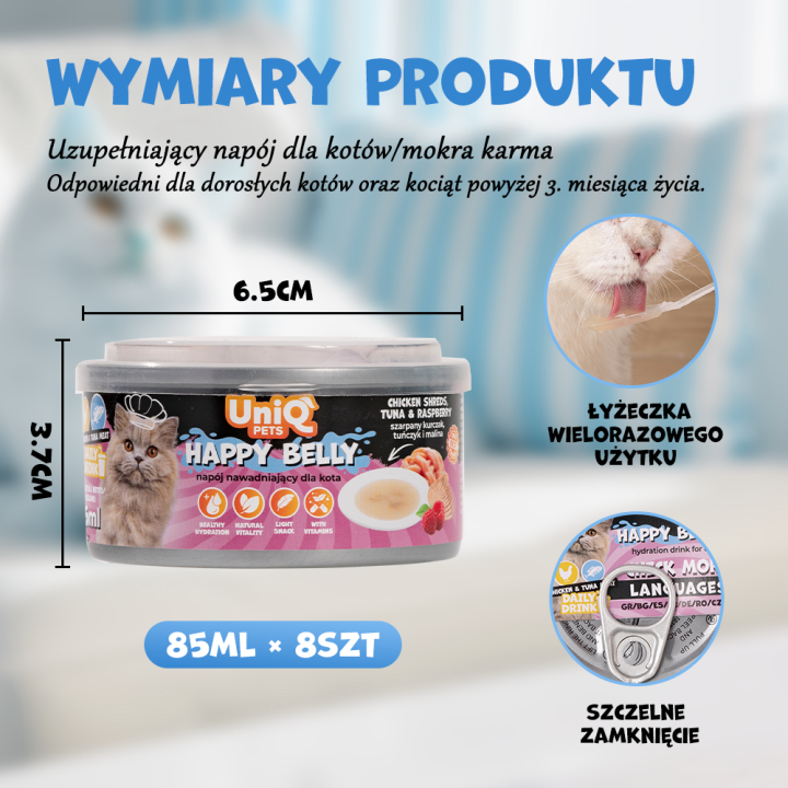 UNIQ PETS KARMA MOKRA DLA KOTA DAILY DRINK HAPPY BELLY NAPÓJ NAWADNIAJĄCY szarpany kurczak, tuńczyk i malina, 85 ml x 8 szt., pu