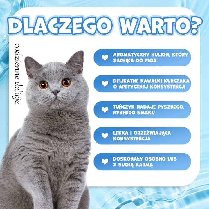 UNIQ PETS KARMA MOKRA DLA KOTA DAILY DRINK HAPPY BELLY NAPÓJ NAWADNIAJĄCY szarpany kurczak, tuńczyk i malina, 85 ml x 8 szt., pu