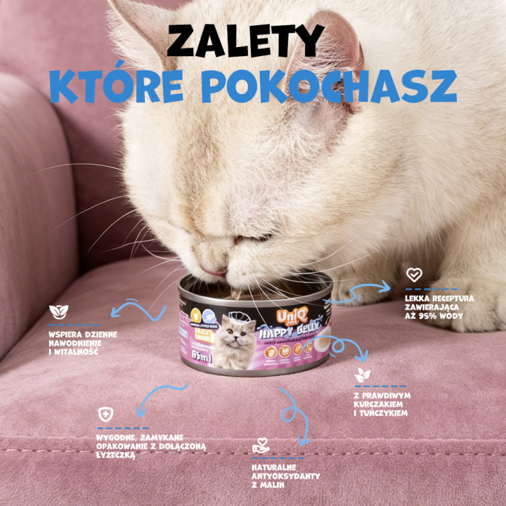 UNIQ PETS KARMA MOKRA DLA KOTA DAILY DRINK HAPPY BELLY NAPÓJ NAWADNIAJĄCY szarpany kurczak, tuńczyk i malina, 85 ml x 8 szt., pu