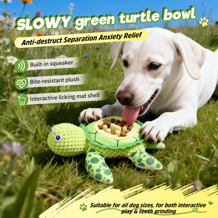 UNIQ PETS PLUSH DOG TOY&BOWL SLOWY–zabawka dla psa z matą do lizania – zielony żółw z piszczałką, 24,5 x 21,5 x 7 cm
