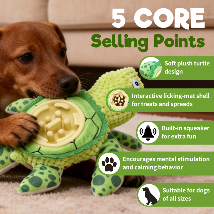 UNIQ PETS PLUSH DOG TOY&BOWL SLOWY–zabawka dla psa z matą do lizania – zielony żółw z piszczałką, 24,5 x 21,5 x 7 cm