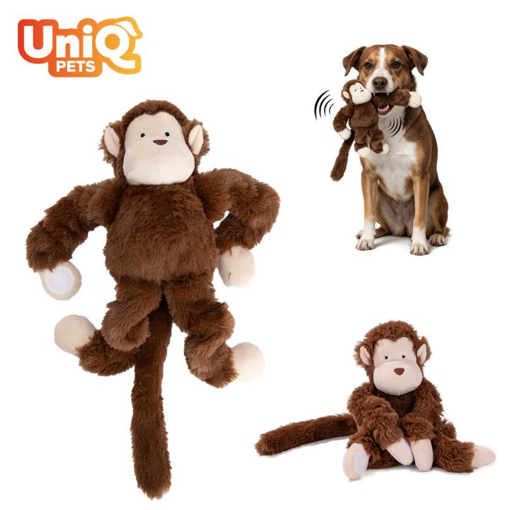 UNIQ PETS zabawka dla psa brązowa małpka ze sprężystymi łapkami i piszczałką