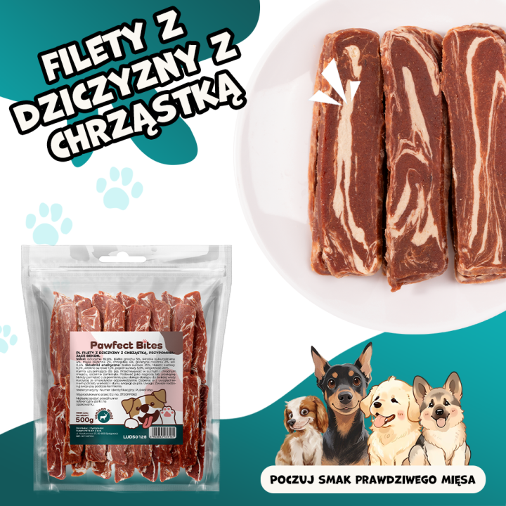 Pawfect Bites przysmaki dla psa 500g filety z dziczyzny z chrząstką